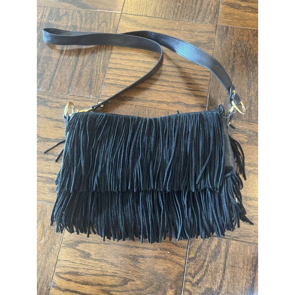 Tory Burch Black Suede Tiered Fringe Crossbody Shoulder Bag Gold Hardware Boho